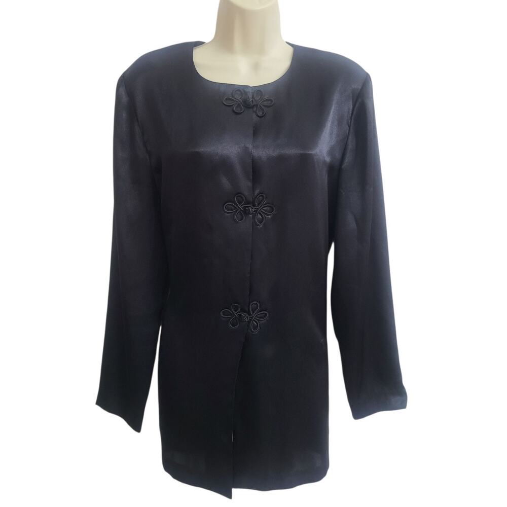 Leslie Fay Size 12 Black Satin Asian Inspired Blouse Frog Closure Long Sleeve